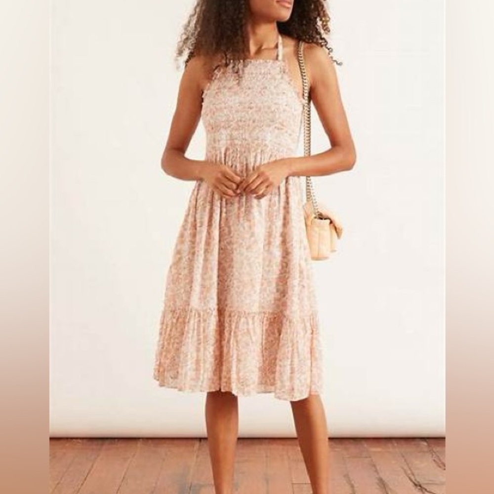 LoveShackFancy Blush Pink Floral Smocked Midi Dress